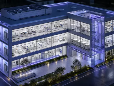 Sanofi FR0000120578 architectural CGI render of multi-story high-tech pharmaceutical laboratory with cleanroom airlock entry - Foto: THN