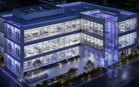 Sanofi FR0000120578 architectural CGI render of multi-story high-tech pharmaceutical laboratory with cleanroom airlock entry - Foto: THN
