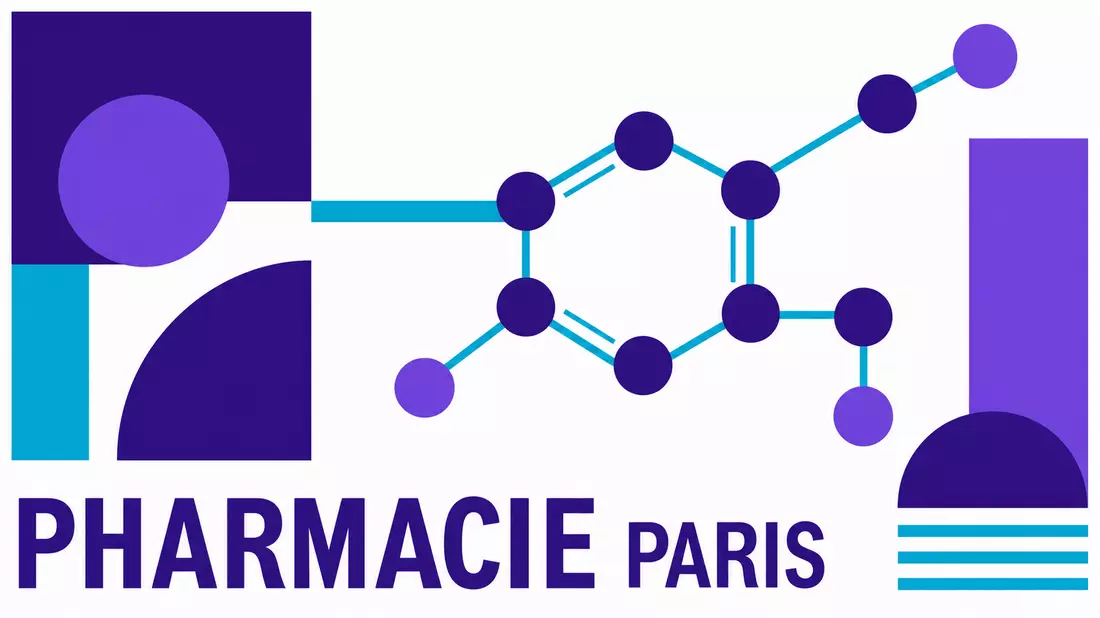 Bauhaus geometric poster with abstract stylized molecular structure in violet and cyan on white background with bold sans-serif PHARMACIE PARIS text