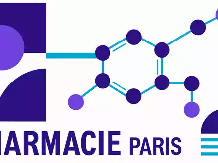 Sanofi FR0000120578 Bauhaus-style poster with abstract molecular structure in violet-cyan-white reading PHARMACIE PARIS - Foto: THN