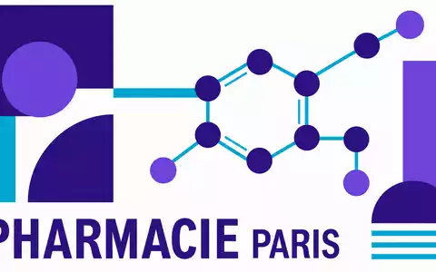 Sanofi FR0000120578 Bauhaus-style poster with abstract molecular structure in violet-cyan-white reading PHARMACIE PARIS - Foto: THN