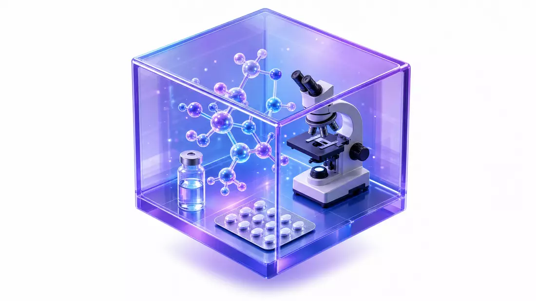 Isometric 3D render of a translucent violet-blue cube containing a glowing molecular structure, a vaccine vial, a tablet blister pack, and a laboratory microscope
