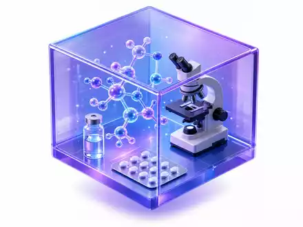 Sanofi FR0000120578 isometric 3D violet cube enclosing molecular structure, vaccine vial, blister pack, and microscope - Foto: THN