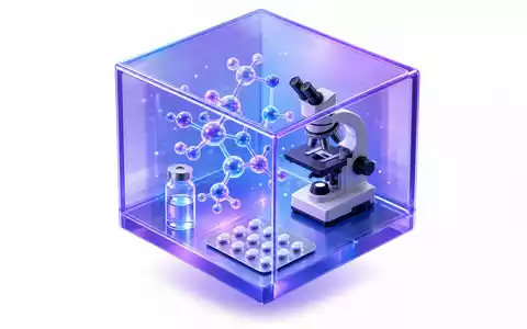 Sanofi FR0000120578 isometric 3D violet cube enclosing molecular structure, vaccine vial, blister pack, and microscope - Foto: THN