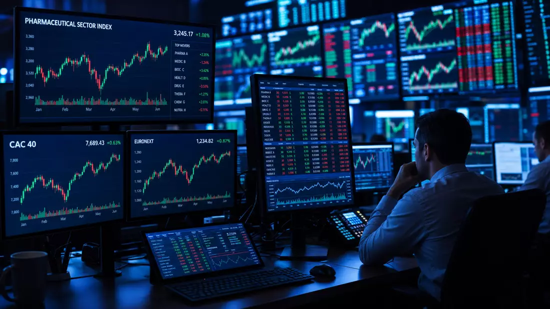 Editorial photograph of financial trading monitors displaying pharmaceutical sector index charts and