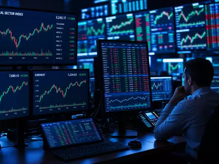 Sanofi FR0000120578 editorial trading room screens showing pharma sector index and CAC 40 charts - Foto: THN