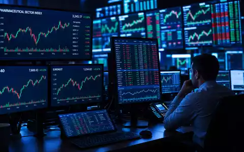 Sanofi FR0000120578 editorial trading room screens showing pharma sector index and CAC 40 charts - Foto: THN