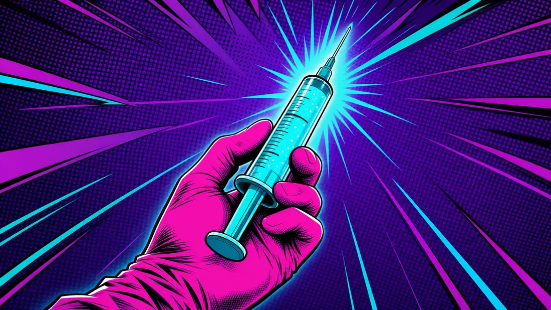 Bold pop-art comic illustration of a gloved hand holding a glowing cyan syringe with radial energy l