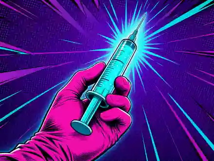 Sanofi FR0000120578 bold pop-art comic illustration of gloved hand holding glowing syringe with violet-cyan energy - Foto: THN