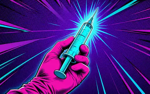 Sanofi FR0000120578 bold pop-art comic illustration of gloved hand holding glowing syringe with violet-cyan energy - Foto: THN