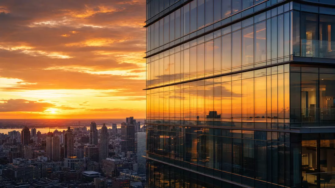 Photorealistic modern glass tower with double-glazed reflective facades at sunset, urban skyline background