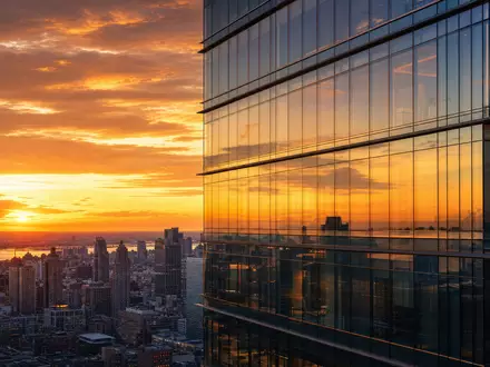 Saint-Gobain FR0000125007 moderner Glasturm mit reflektierenden Doppelglas-Fassaden bei goldenem Sonnenuntergang in der Stadt - Foto: THN