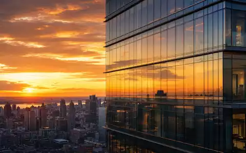 Saint-Gobain FR0000125007 moderner Glasturm mit reflektierenden Doppelglas-Fassaden bei goldenem Sonnenuntergang in der Stadt - Foto: THN