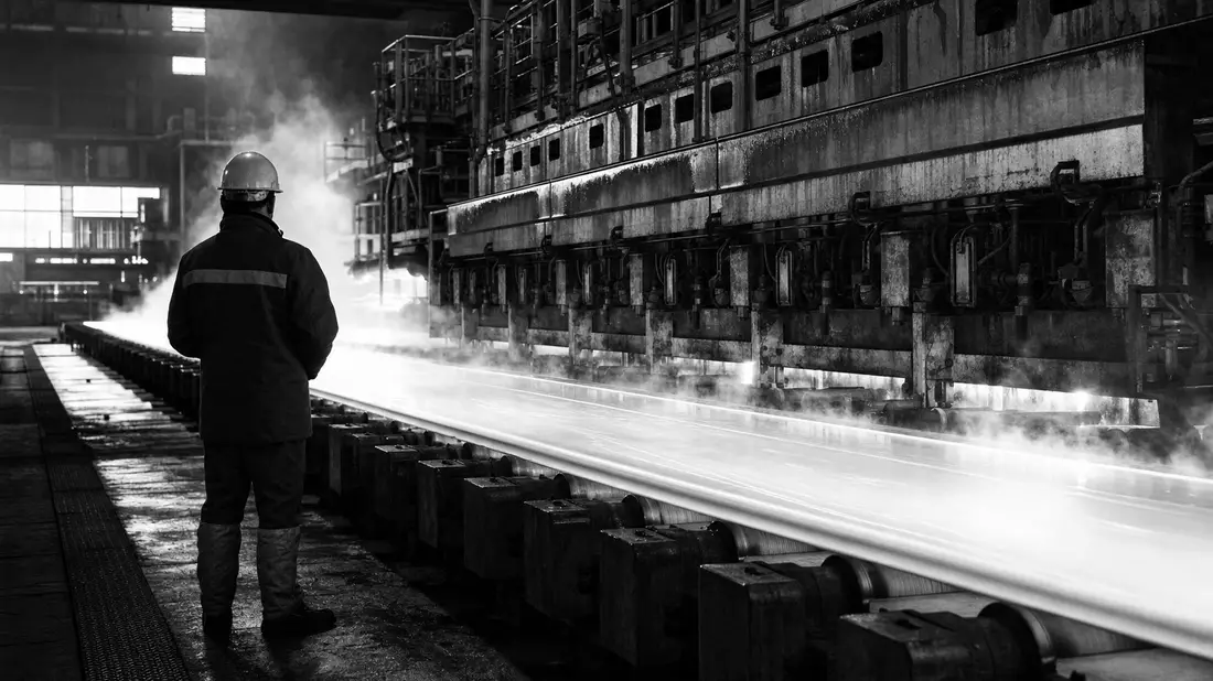 Black and white reportage photo of helmeted worker standing before glowing float glass production ribbon in factory