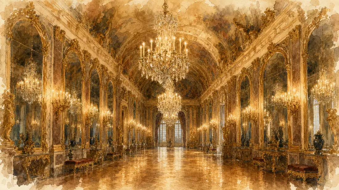Watercolor painting of grand baroque mirror hall with gilded wall mirrors, crystal chandeliers and warm candlelight