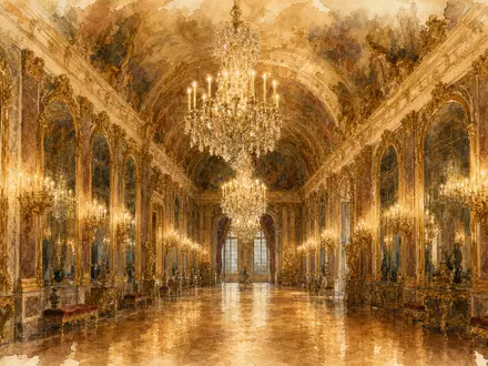 Saint-Gobain FR0000125007 Aquarell historischer Spiegelsaal mit goldenen Wandspiegeln Kerzenleuchtern und warmem Kerzenlicht - Foto: THN
