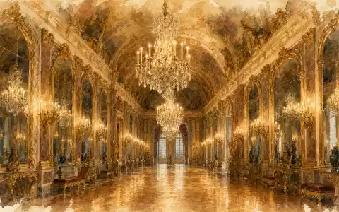 Saint-Gobain FR0000125007 Aquarell historischer Spiegelsaal mit goldenen Wandspiegeln Kerzenleuchtern und warmem Kerzenlicht - Foto: THN