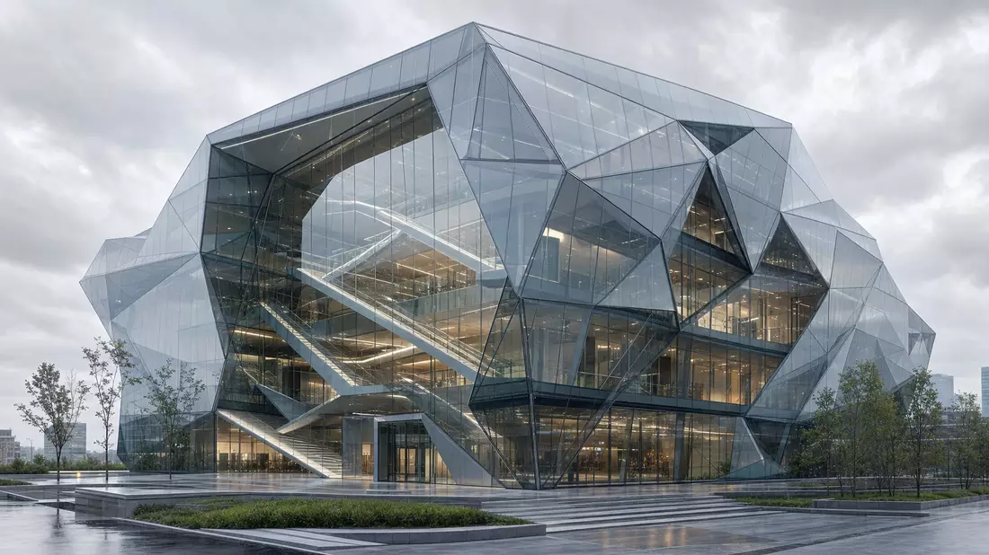 Architectural 3D render of a glass office building with complex faceted geometry and full-glass interior staircases