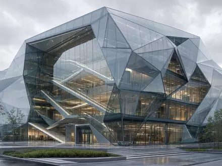 Saint-Gobain FR0000125007 gläsernes Bürogebäude mit komplexer parametrischer Polygon-Geometrie transparenten Fassaden und Ganzglas-Treppen - Foto: THN