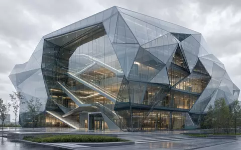 Saint-Gobain FR0000125007 gläsernes Bürogebäude mit komplexer parametrischer Polygon-Geometrie transparenten Fassaden und Ganzglas-Treppen - Foto: THN