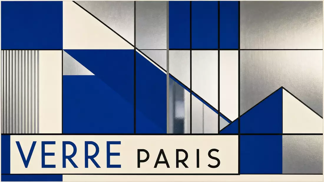 Bauhaus poster design with abstract cobalt blue, white and silver geometric glass shapes and VERRE PARIS text