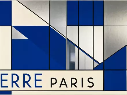 Saint-Gobain FR0000125007 Bauhaus-Poster abstraktes Glasscheiben-Design in Blau Weiß Silber mit VERRE PARIS Schriftzug - Foto: THN