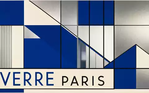 Saint-Gobain FR0000125007 Bauhaus-Poster abstraktes Glasscheiben-Design in Blau Weiß Silber mit VERRE PARIS Schriftzug - Foto: THN