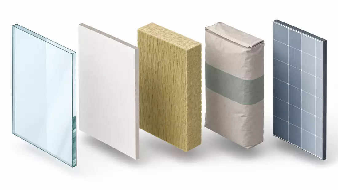 Isometric 3D exploded view of building material layers: glass, plasterboard, mineral wool, mortar bag, solar glass