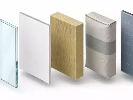 Saint-Gobain FR0000125007 isometrische 3D-Grafik mit Glasscheibe Gipsplatte Mineralwolle Mörtelsack und Solar-Glas nebeneinander - Foto: THN