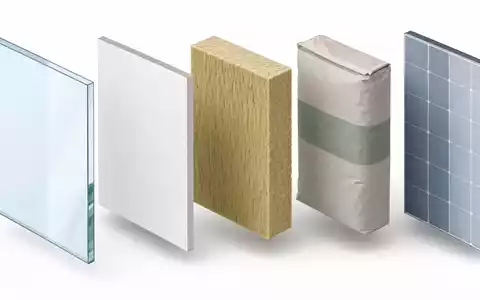 Saint-Gobain FR0000125007 isometrische 3D-Grafik mit Glasscheibe Gipsplatte Mineralwolle Mörtelsack und Solar-Glas nebeneinander - Foto: THN