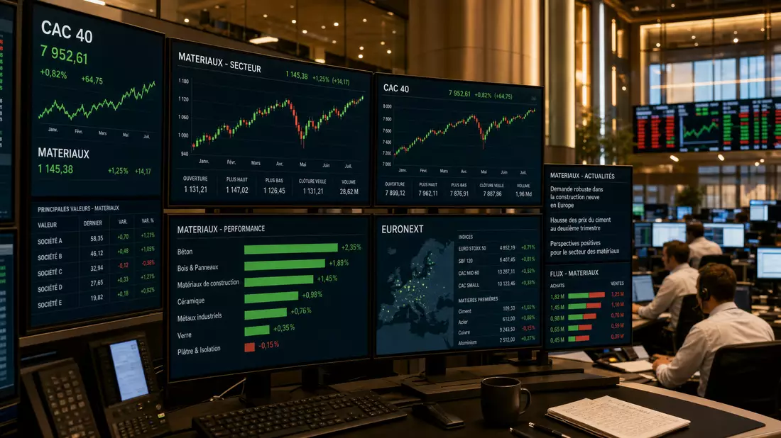 Editorial photo of trading room monitors showing CAC 40 and EURONEXT construction materials sector index charts