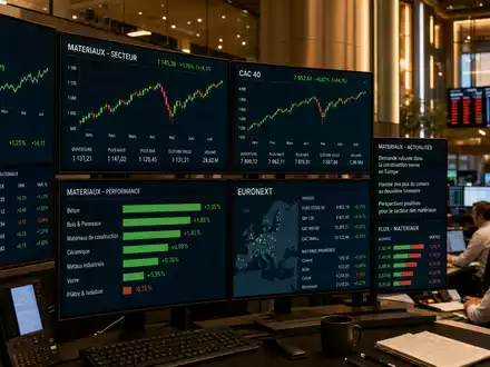 Saint-Gobain FR0000125007 Börsen-Editorial mit Trading-Screens CAC 40 EURONEXT und Baustoffsektor-Index-Charts im Handelsraum - Foto: THN