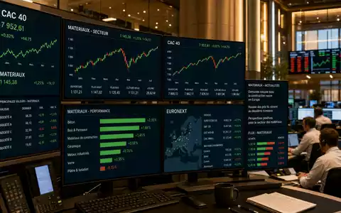 Saint-Gobain FR0000125007 Börsen-Editorial mit Trading-Screens CAC 40 EURONEXT und Baustoffsektor-Index-Charts im Handelsraum - Foto: THN