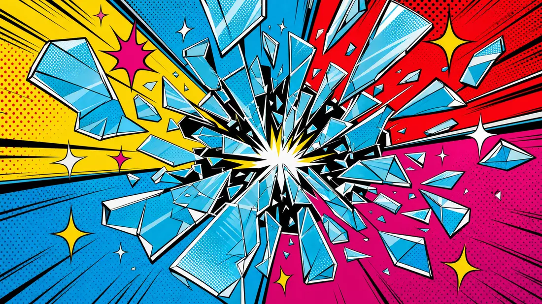 Pop art comic style shattering glass pane with bold colors, starburst accents and halftone pattern background