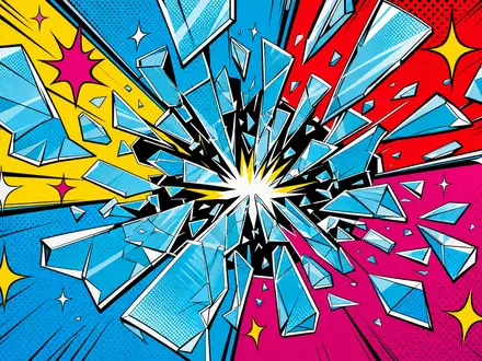 Saint-Gobain FR0000125007 Pop-Art-Comic zerspringende Glasscheibe in knalligen Primärfarben mit Sternchen-Akzenten und Halftone-Hintergrund - Foto: THN