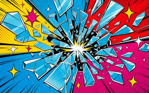 Saint-Gobain FR0000125007 Pop-Art-Comic zerspringende Glasscheibe in knalligen Primärfarben mit Sternchen-Akzenten und Halftone-Hintergrund - Foto: THN