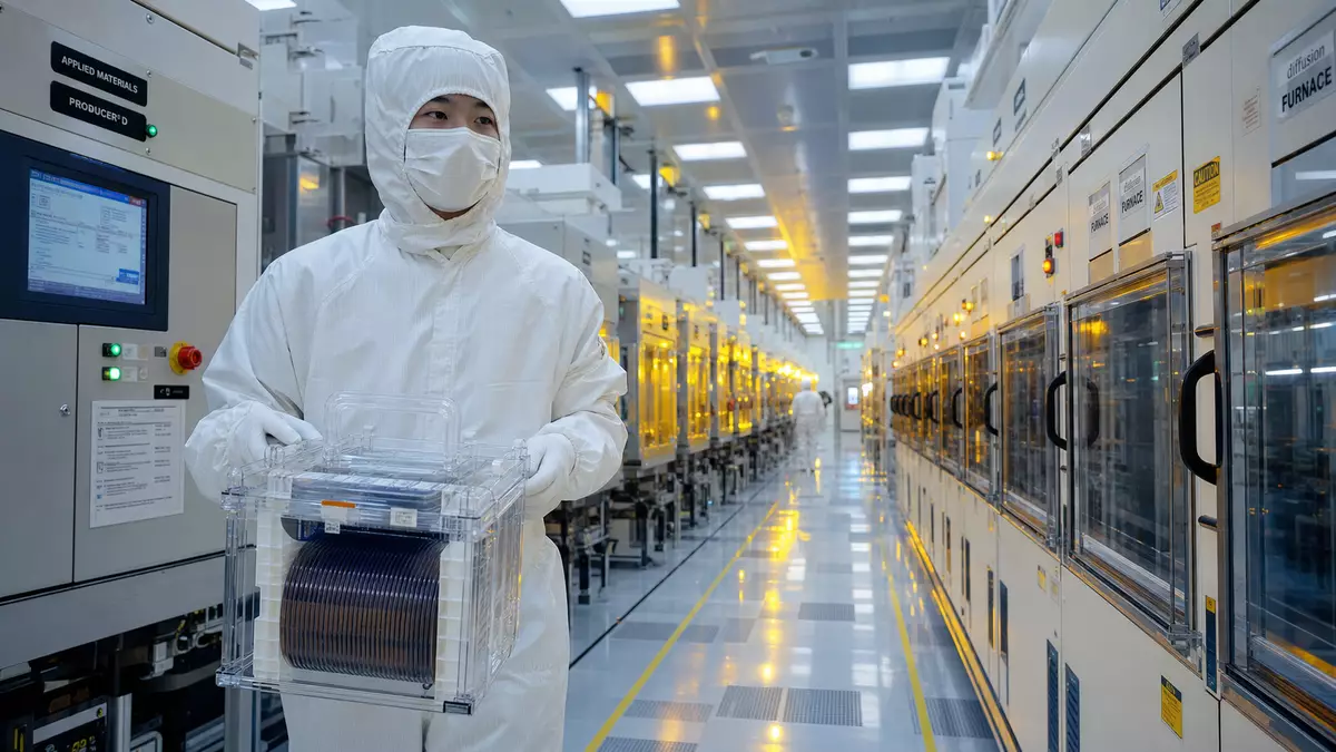 Photorealistic semiconductor cleanroom with technician in white bunny suit holding wafer carrier