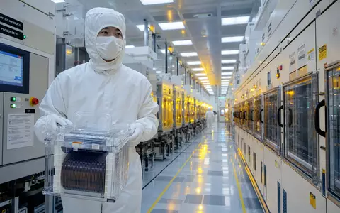 STMicroelectronics NL0000226223 cleanroom technician carries silicon wafer cassette under lithography safety lights - Foto: THN
