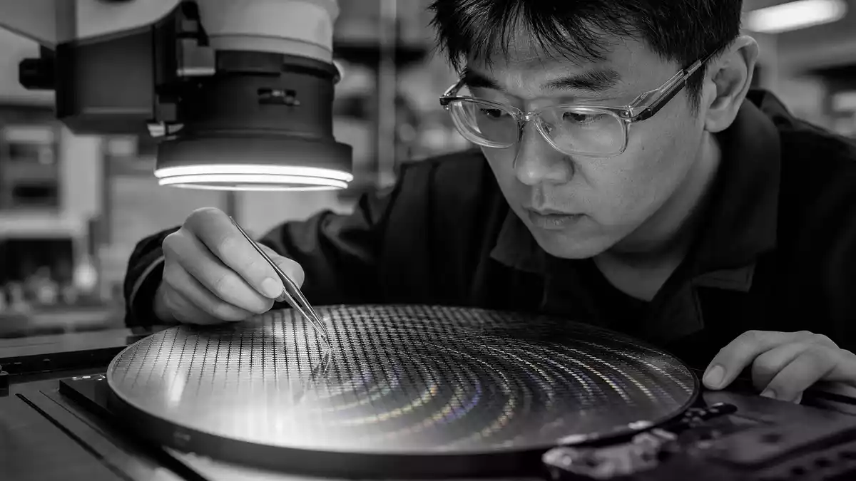 Black and white documentary photo of semiconductor engineer inspecting chip wafer with tweezers
