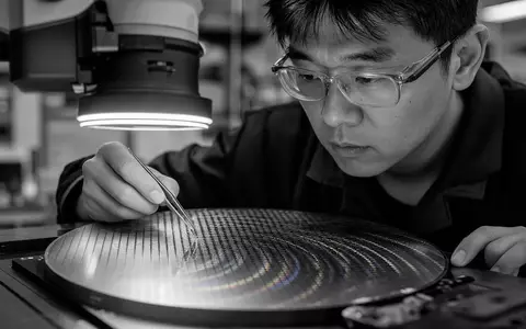 STMicroelectronics NL0000226223 engineer uses tweezers inspecting silicon wafer under bright microscope lamp - Foto: THN