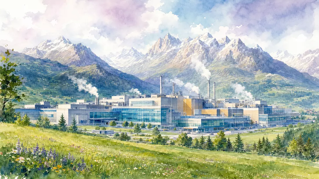 Watercolor illustration of French-Italian semiconductor industrial campus in alpine valley