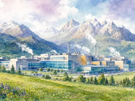 STMicroelectronics NL0000226223 semiconductor plant rendered in watercolor nestled in a scenic alpine mountain landscape - Foto: THN