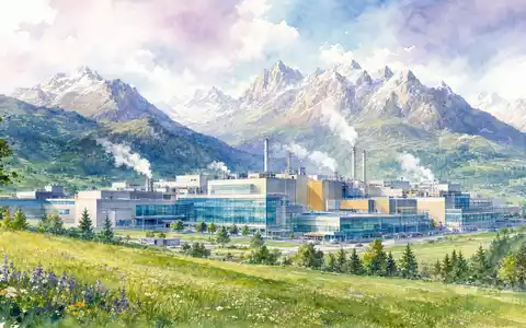 STMicroelectronics NL0000226223 semiconductor plant rendered in watercolor nestled in a scenic alpine mountain landscape - Foto: THN