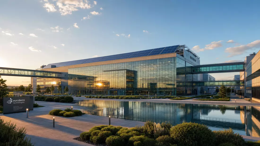 Architectural CGI render of modern semiconductor manufacturing campus with solar panels at sunset