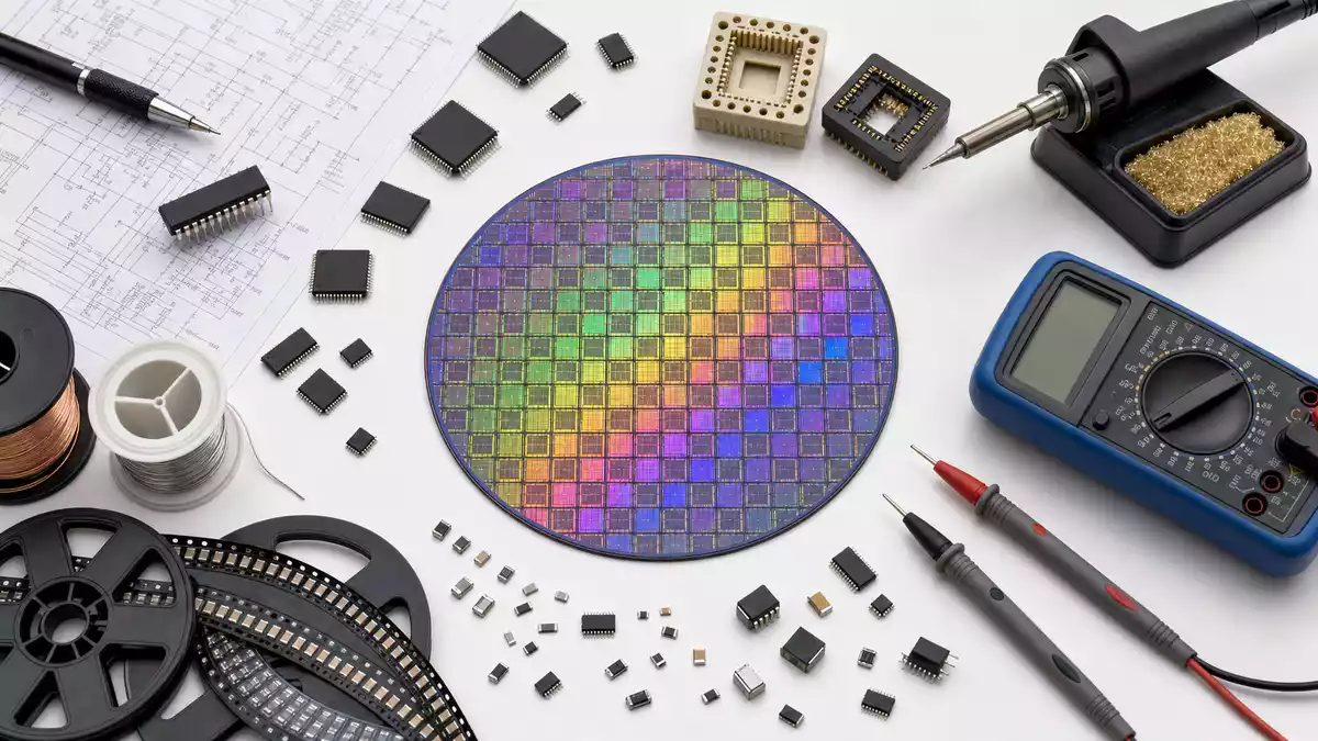 Overhead flatlay of silicon wafer surrounded by microchips, IC sockets, soldering iron, and multimeter