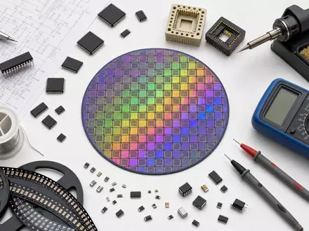 STMicroelectronics NL0000226223 flatlay silicon wafer microchips IC sockets soldering iron multimeter schematic - Foto: THN