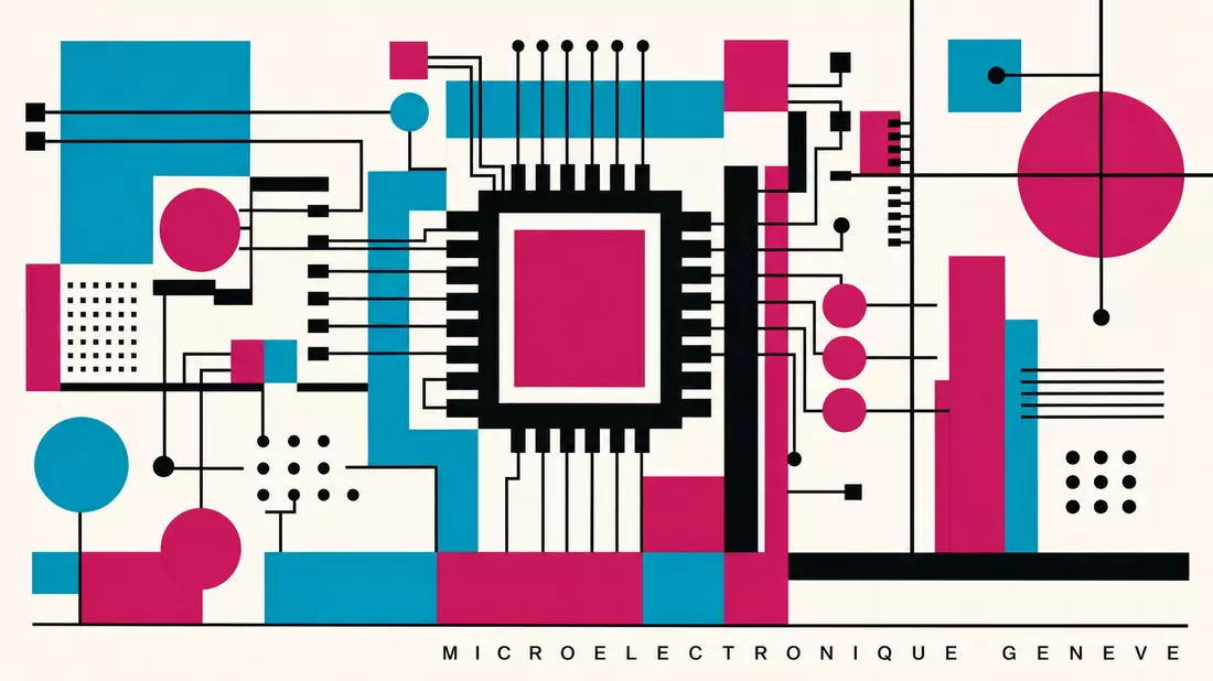 Bauhaus-style abstract poster of microchip geometry in cyan and magenta with MICROELECTRONIQUE GENEVE text