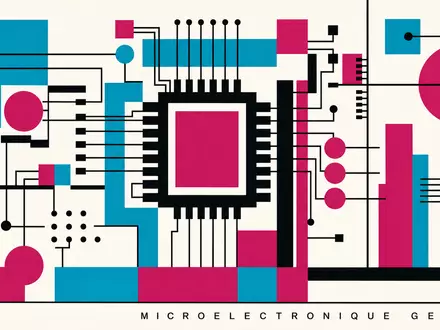 STMicroelectronics NL0000226223 Bauhaus-style abstract chip geometry cyan magenta poster reading MICROELECTRONIQUE GENEVE - Foto: THN