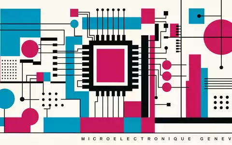 STMicroelectronics NL0000226223 Bauhaus-style abstract chip geometry cyan magenta poster reading MICROELECTRONIQUE GENEVE - Foto: THN