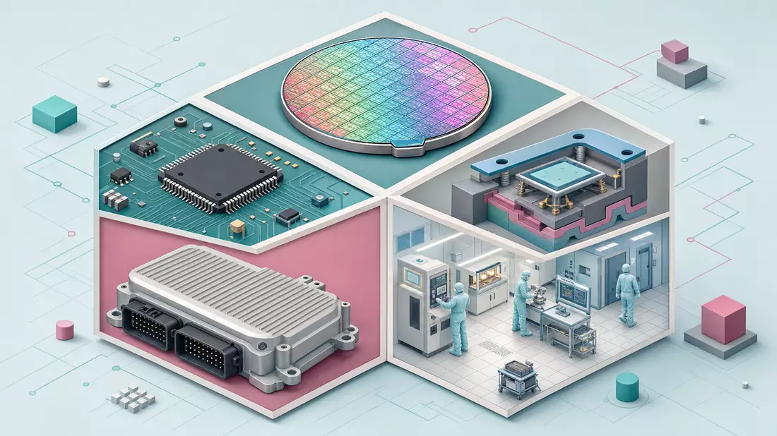 Isometric 3D illustration cube showing wafer, microcontroller, MEMS sensor, automotive ECU, and cleanroom panels